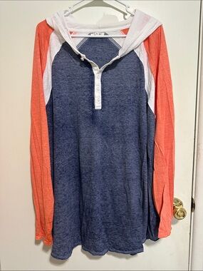 Women’s colorblock Hooded Henley Top - Navy, Coral & White